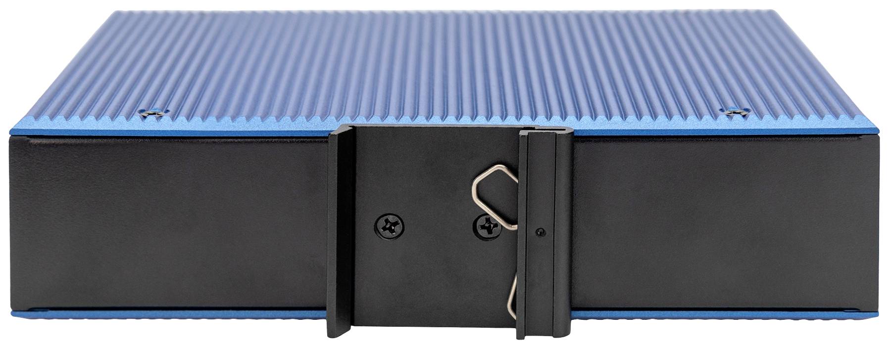 Ein blau-schwarzes Gerät mit gerippter Oberfläche und metallischer Halterung, möglicherweise ein technisches oder industrielles Produkt.