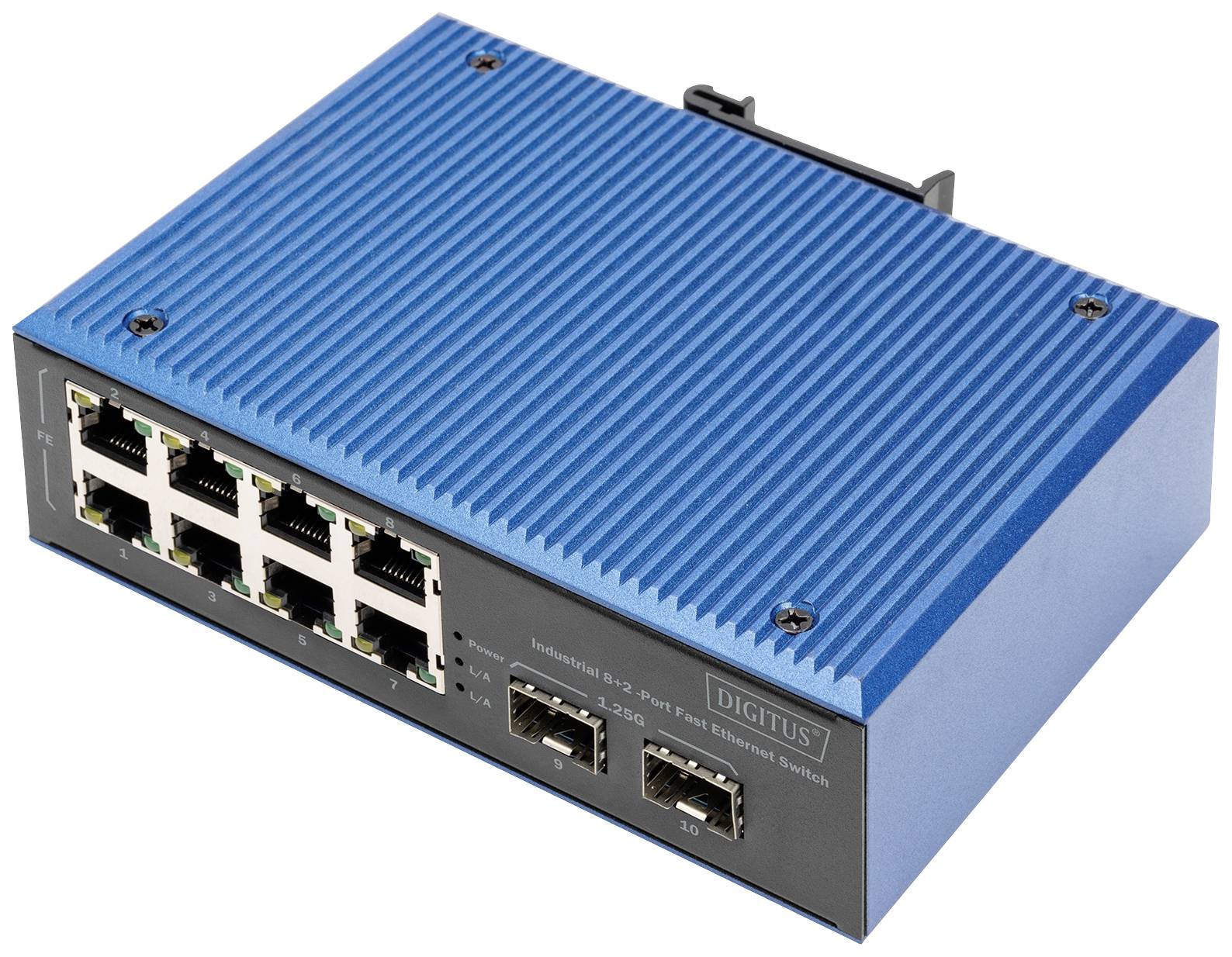 Blauer 12-Port Ethernet-Switch mit Kühlrippen auf der Oberseite, zwei SFP-Slots und rutschfesten Gummifüßen zur Stabilisierung.