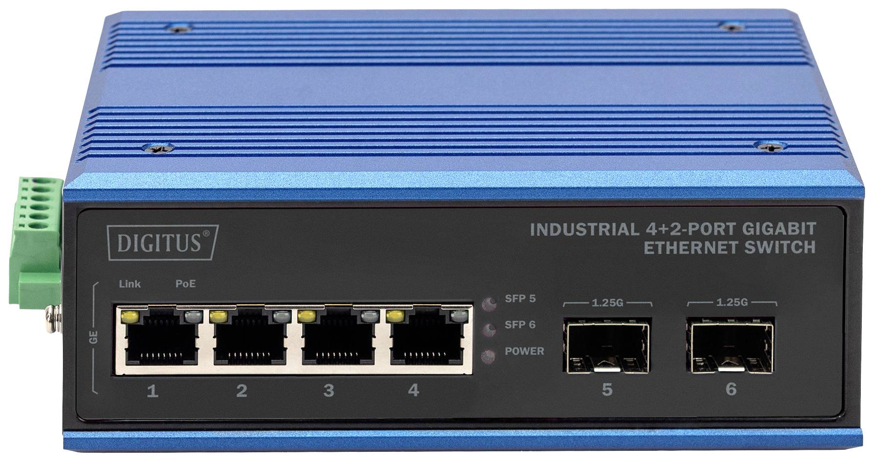 Ein blauer industrial Ethernet Switch mit 4 Gigabit-Ports und 2 SFP-Ports. Links befindet sich eine grüne Anschlussleiste.