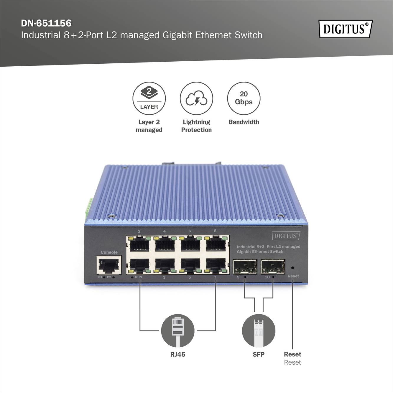Industrieller 8+2-Port L2 Managed Gigabit Ethernet Switch von Digitus. Features: RJ45 und SFP Ports, Layer 2 Management, 20 Gbps Bandbreite.