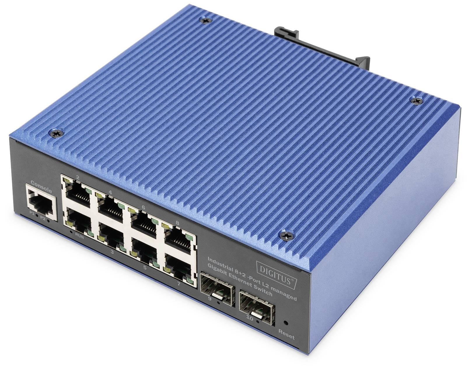 Blauer Ethernet-Switch mit acht LAN- und vier SFP-Ports. Geeignet für industrielle Anwendungen, robustes Design.