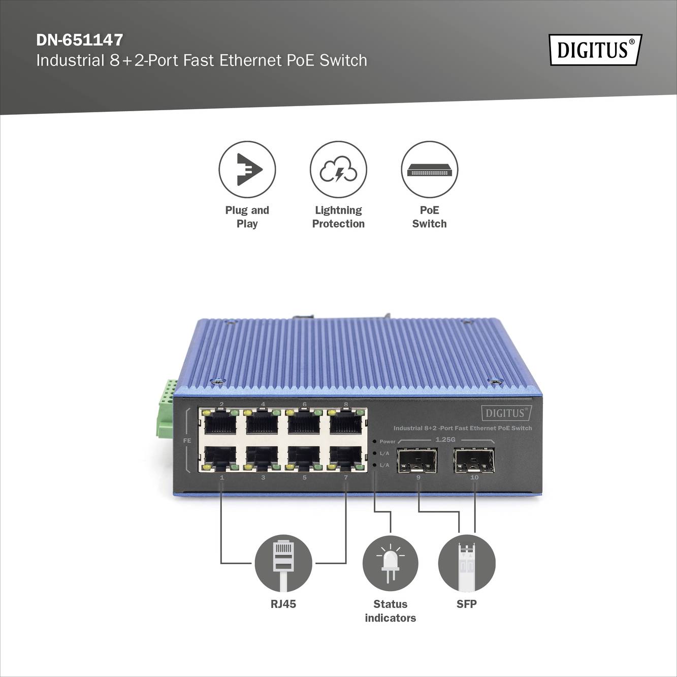 Industrieller 8+2-Port Fast Ethernet PoE Switch. Enthält RJ45-Ports, Statusanzeigen und SFP-Anschlüsse. Bietet Plug-and-Play, Blitzschutz und PoE.