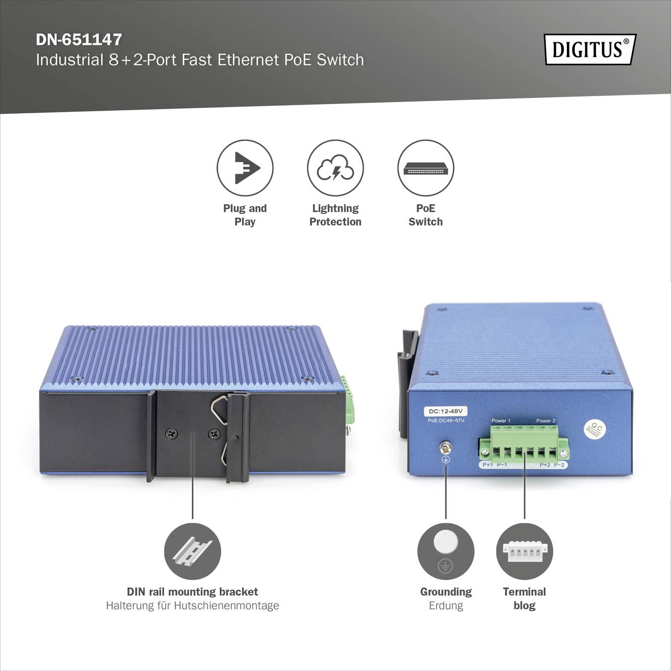 Ein blauer PoE-Ethernet-Switch mit acht Ports, zwei abnehmbaren Modulanschlüssen und Erdung. Markierungen für die Funktion der Anschlüsse.