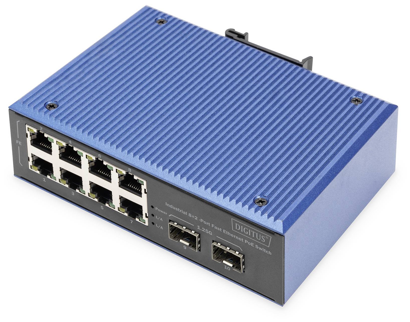 Industrieller PoE-Switch in blauem Gehäuse mit acht Ethernet-Ports und vier Glasfaser-Ports, geeignet für robuste Netzwerkverbindungen.