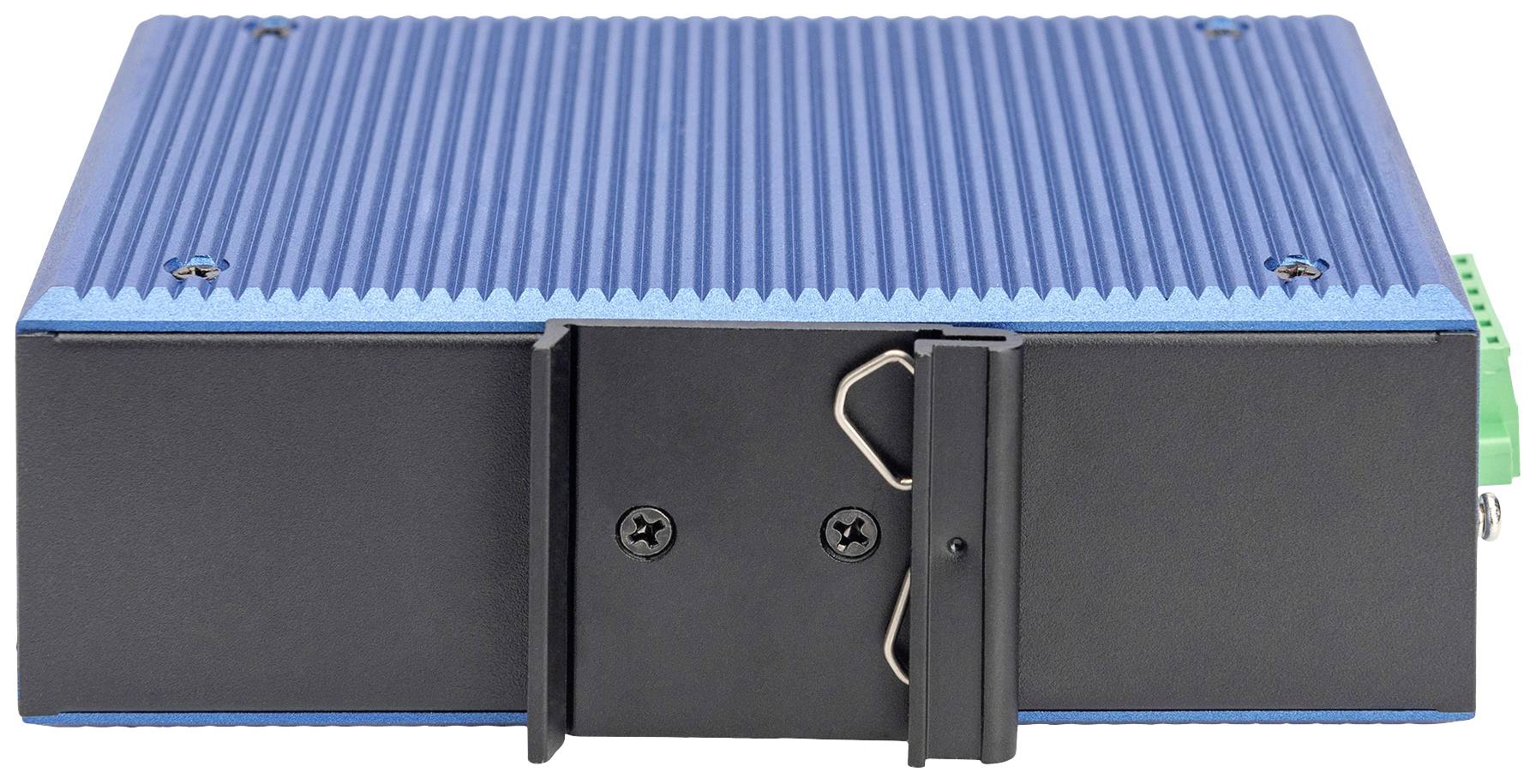 Ein kleiner, blauer, gerippter elektronischer Kasten mit einem schwarzen Rahmen. Möglicherweise ein Industrie- oder Computermodul.