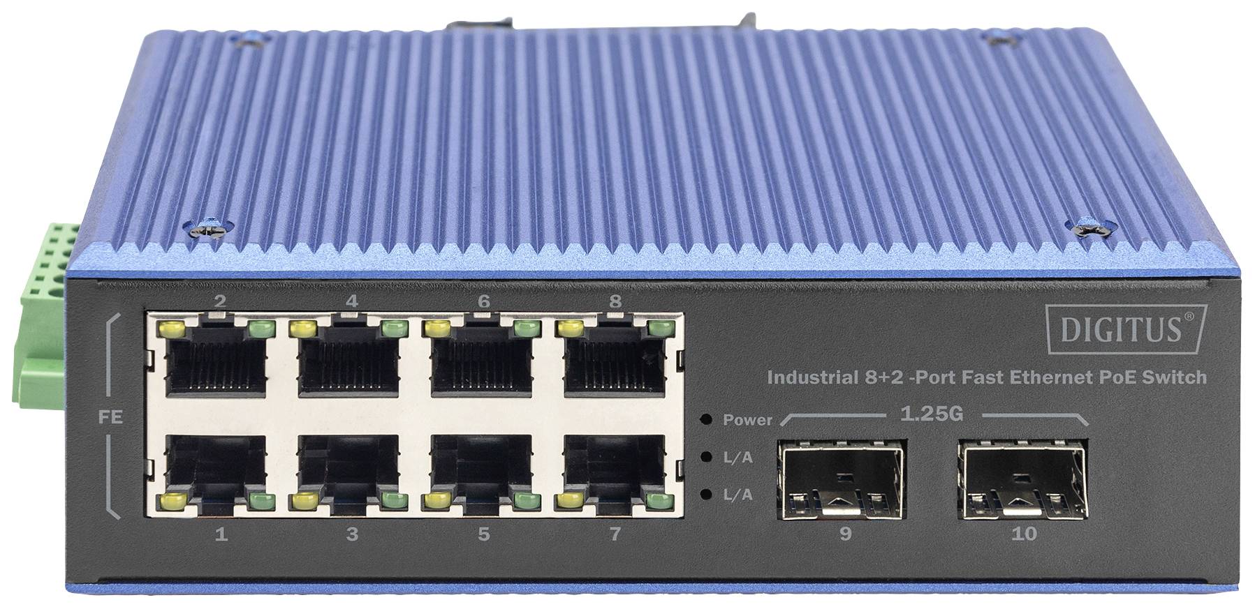'Industrieller 8+2-Port Fast Ethernet PoE Switch', blaues Gehäuse, Vorderansicht mit 10 Ethernet-Ports und LED-Anzeigen.