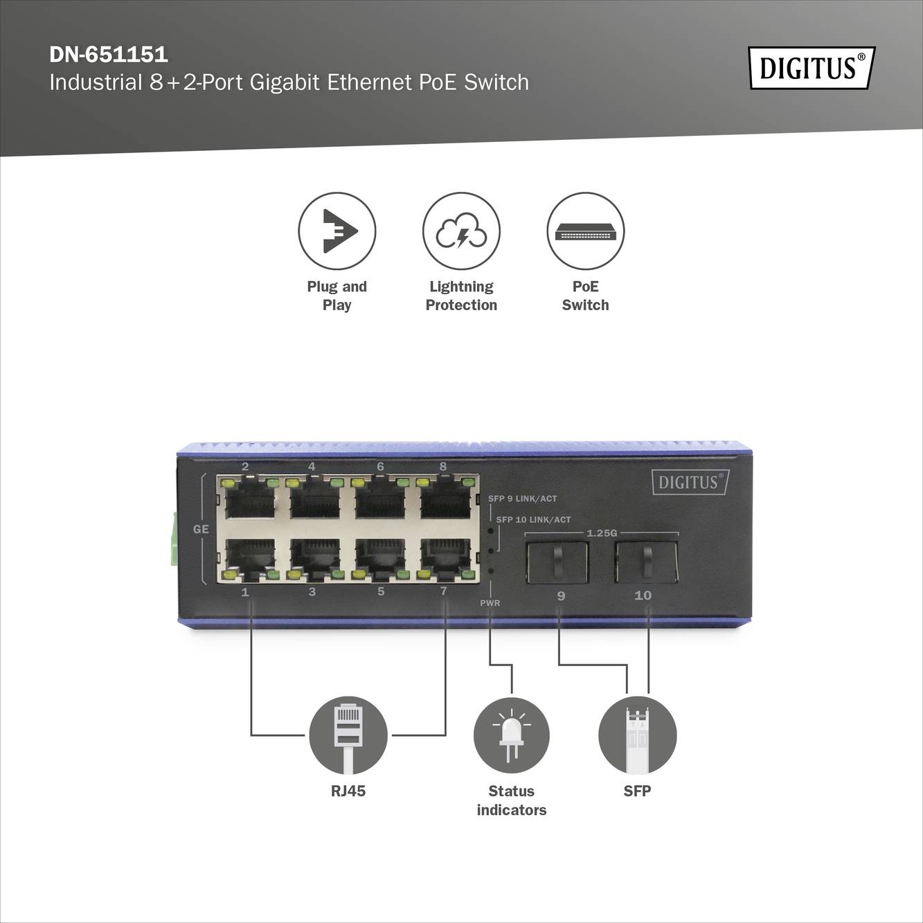 Digitus DN-651151 DN-651151 Industrial Ethernet Switch 8 + 2 Port 1 GBit/s