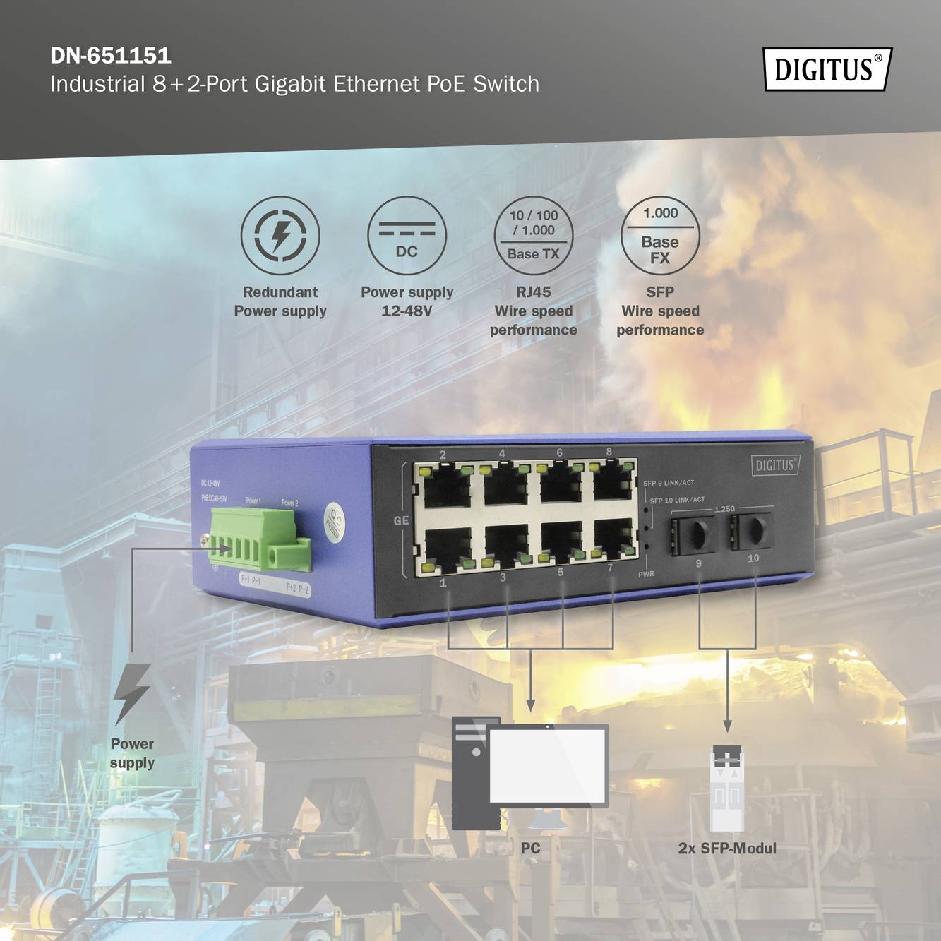 Digitus DN-651151 DN-651151 Industrial Ethernet Switch 8 + 2 Port 1 GBit/s