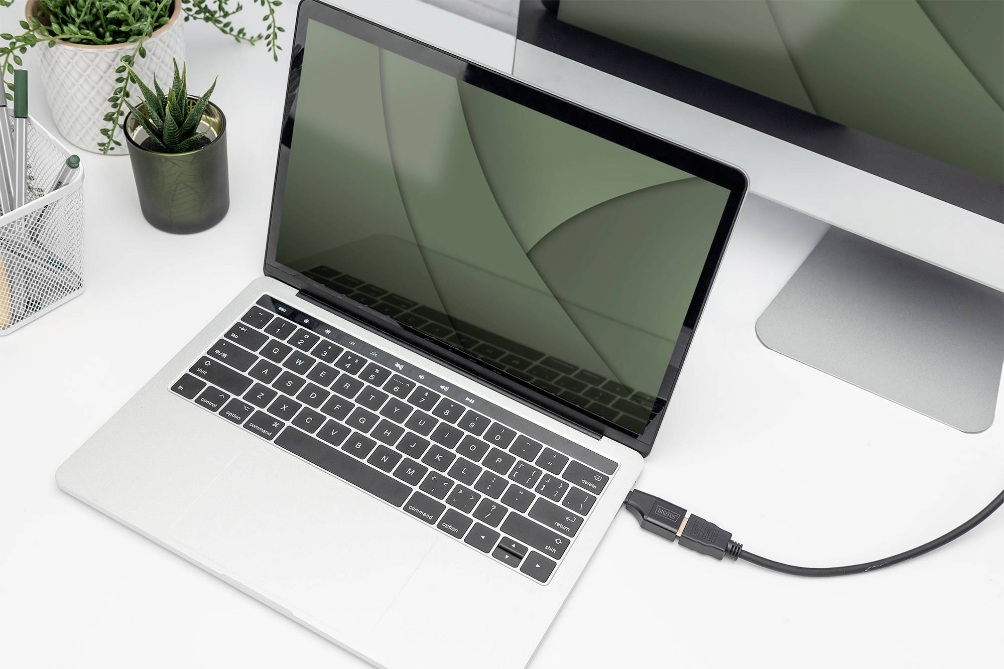 Ein Laptop auf einem Schreibtisch ist mit einem HDMI-Kabel an einen größeren Monitor angeschlossen. Rechts steht eine kleine Pflanze.