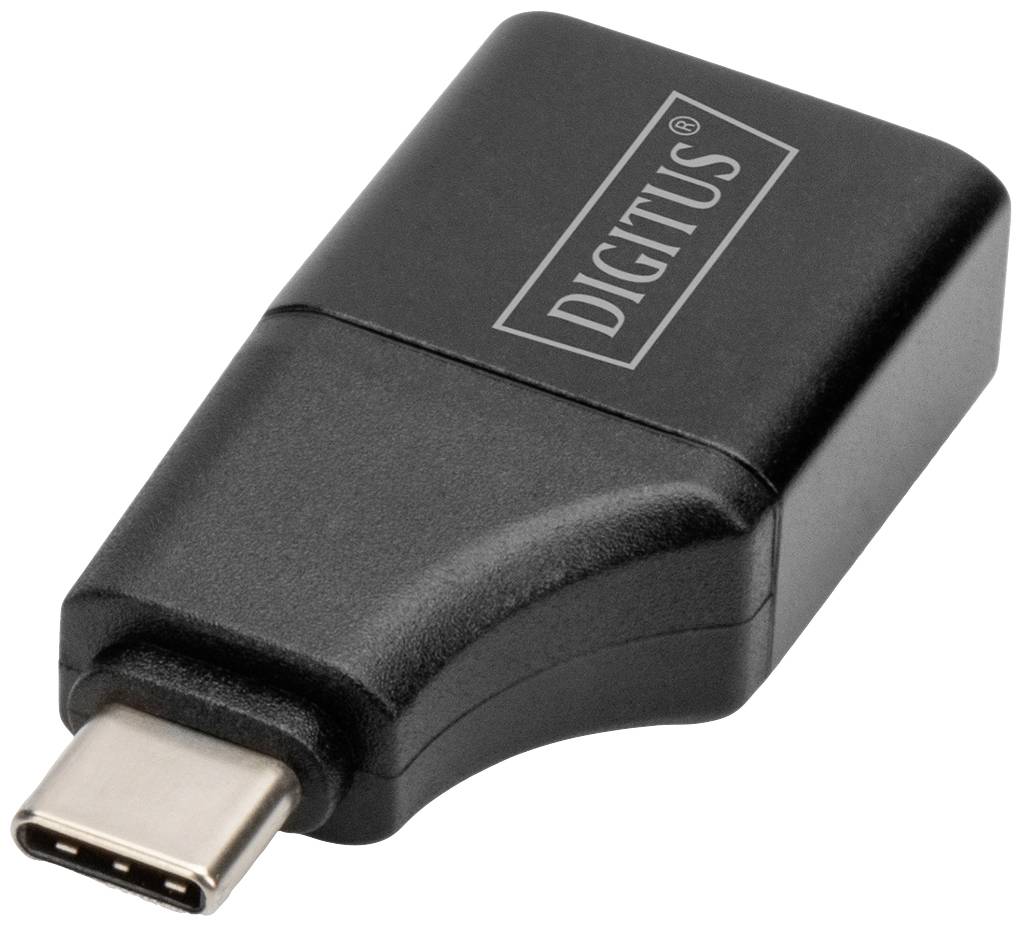 USB-C-Adapter von 'Digitus' in Schwarz, kompakt und rechteckig, mit USB-C-Stecker. Geeignet zum Anschließen von Geräten mit USB-C.