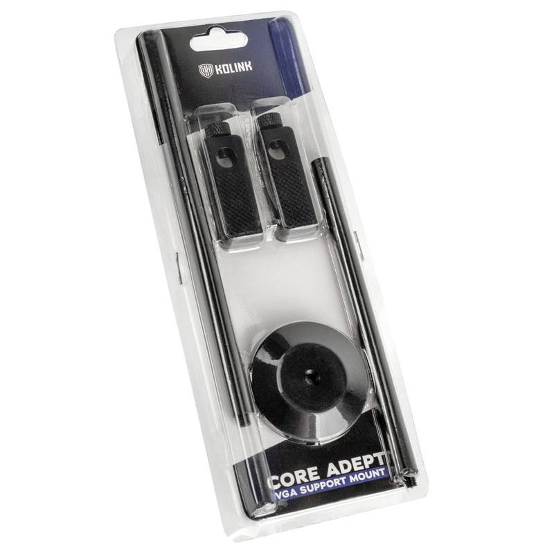 Verpackung eines 'Core Adept VGA Support Mount' von Kolink. Enthält Stangen, Halterungen und eine Basis zur Unterstützung von Grafikkarten.