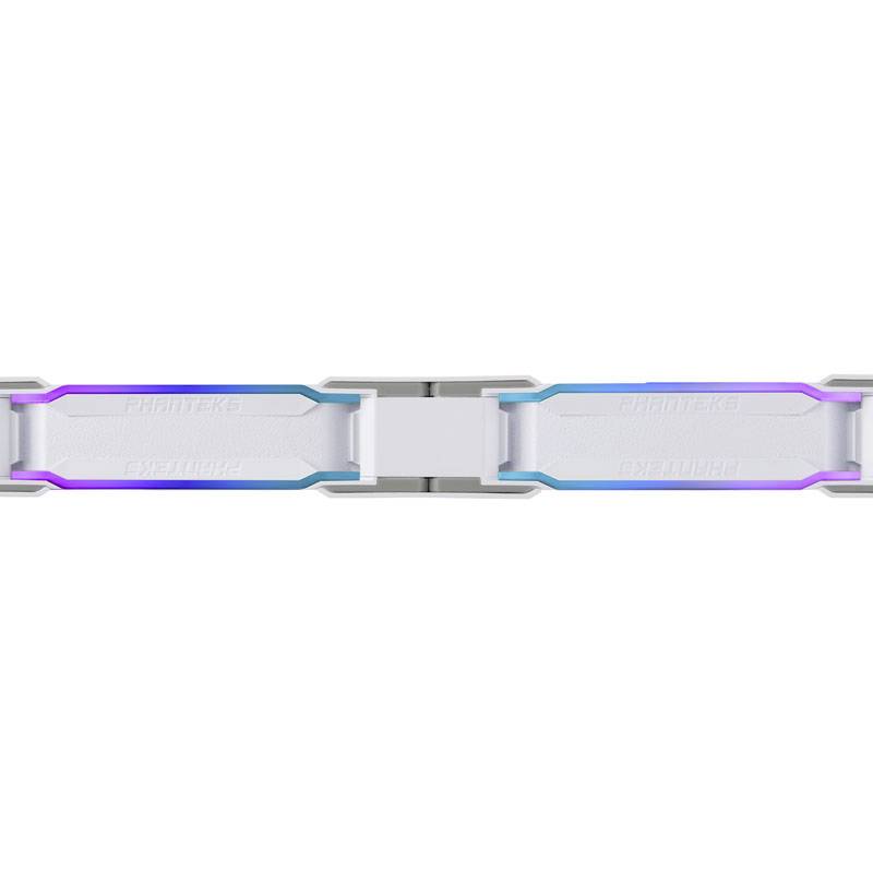 Lange, weiße Kabelklemme mit violetten und blauen Akzenten. Verbindet zwei Teile für Kabelmanagement und bietet optische Akzente.