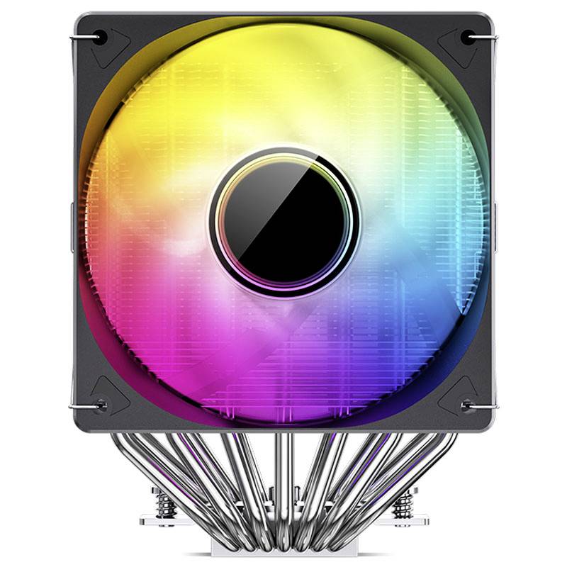 Ein LED-CPU-Lüfter, der in verschiedenen Farben leuchtet, zeigt ein modernes Design mit silbernen Kühlrippen und schillernden Effekten.