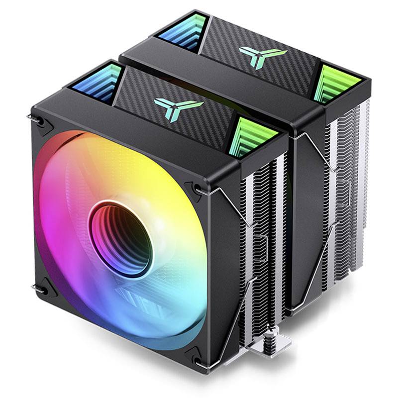 Ein RGB-beleuchteter CPU-Kühler mit zwei Lüftern und Kühlrippen sorgt für eine verbesserte Wärmeableitung in einem Computergehäuse.