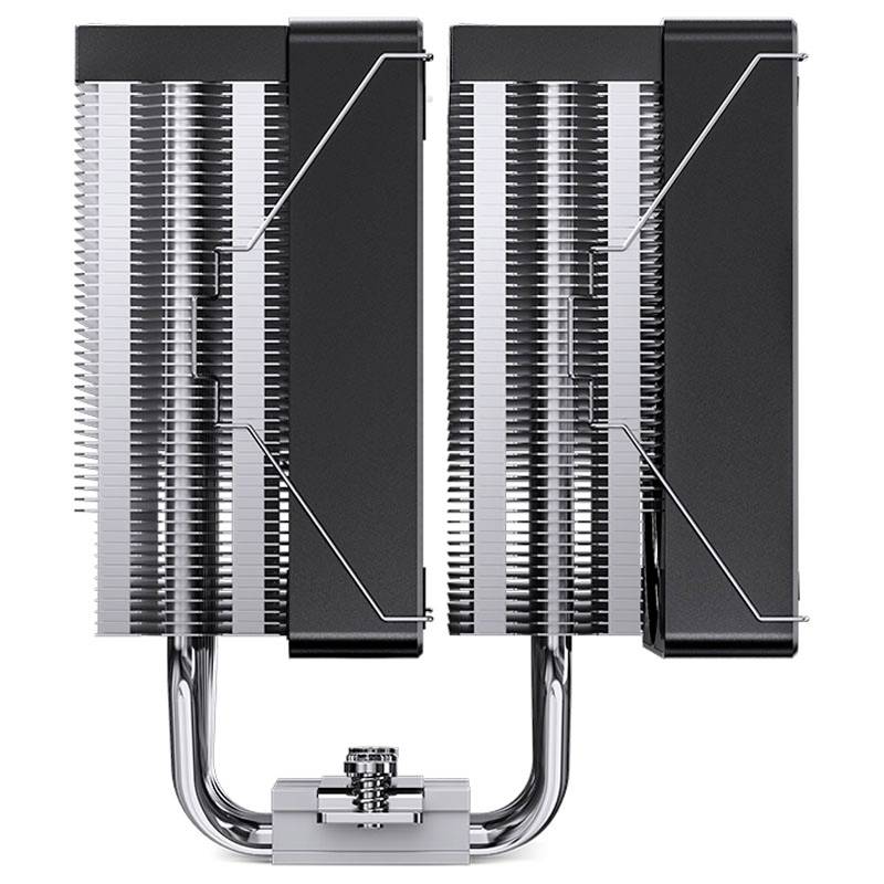 Ein PC-Kühlkörper mit zwei schwarzen Kühltürmen, silbrigen Kühlrippen und verbundenen Heatpipes, dient zur Kühlung von Computerprozessoren.