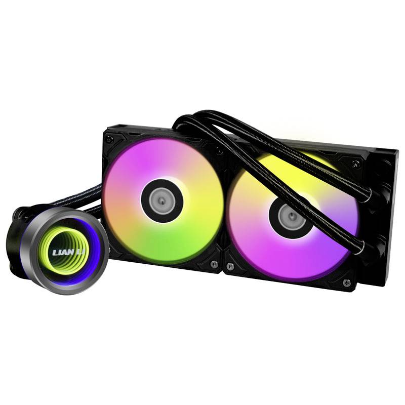 Zwei Lüfter mit RGB-Beleuchtung und Lian Li-Logo auf der Wasserkühlungseinheit, verbunden mit schwarzen Schläuchen.