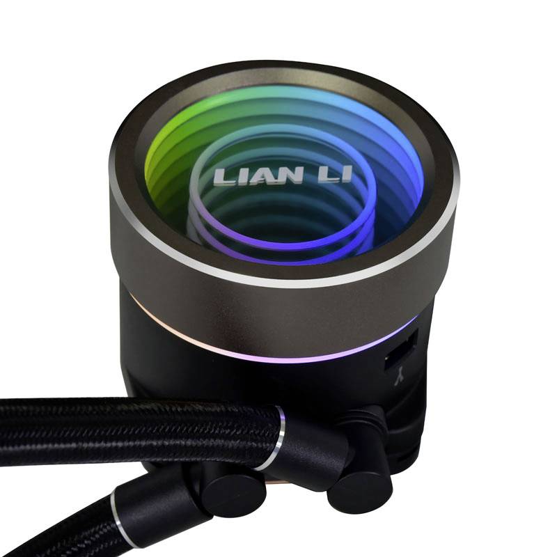 Lüfter mit RGB-Beleuchtung und der Aufschrift 'LIAN LI'; zylindrische Form mit mehreren farbigen Ringen, die glänzen.