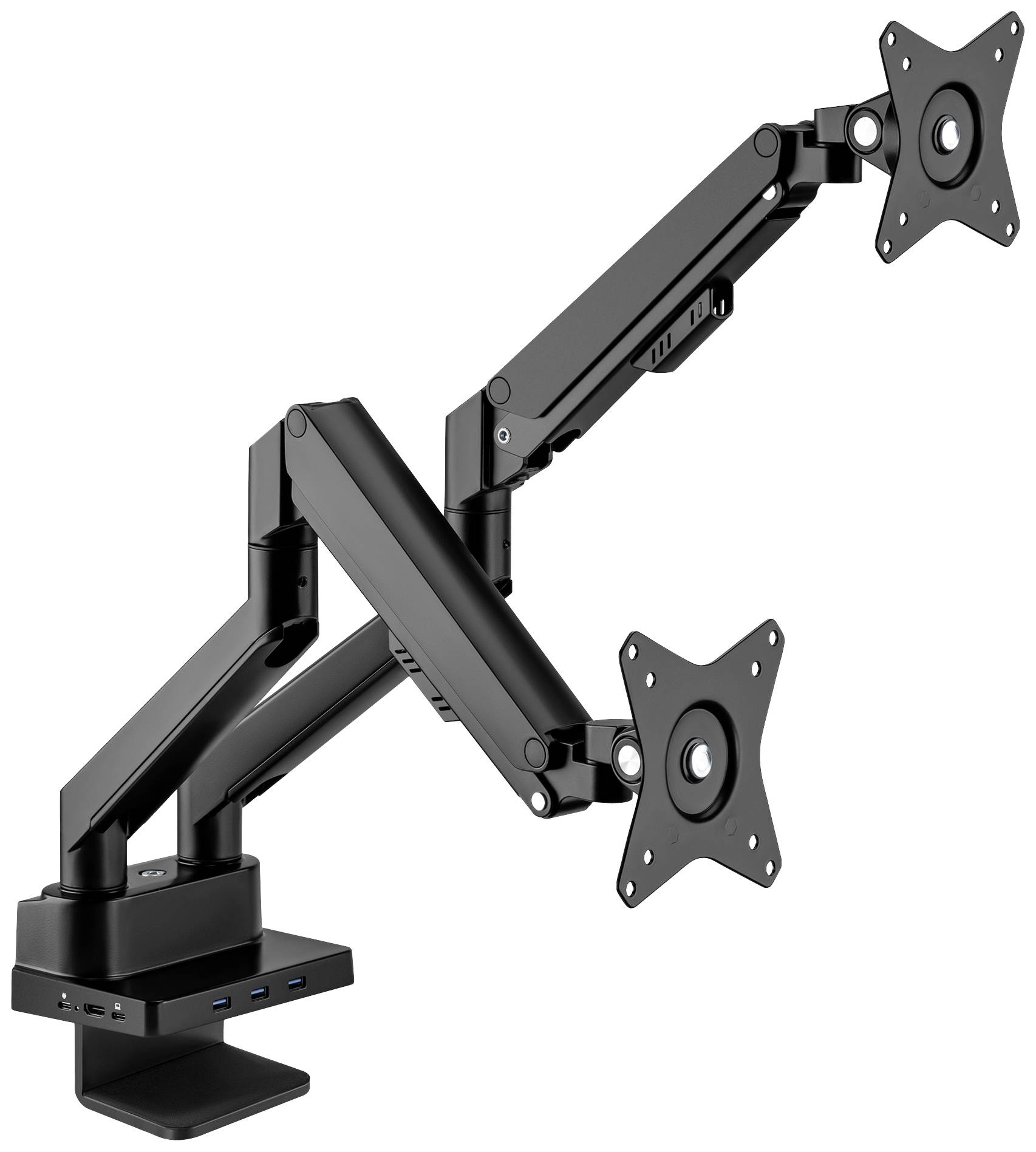 Ein schwarzer, verstellbarer Monitorarm mit zwei Halterungen für Bildschirme, geeignet zur ergonomischen Arbeitsplatzgestaltung.