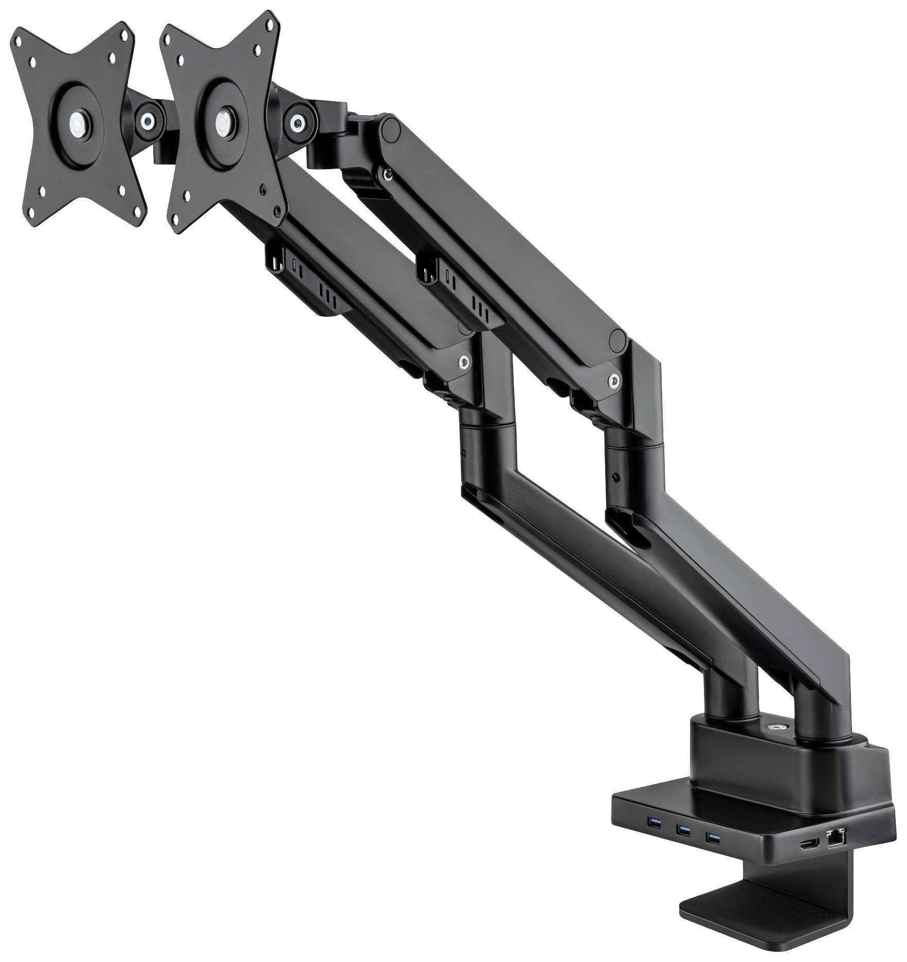 Schwarze Dual-Monitorhalterung mit verstellbaren Armen auf einem Tisch montiert; zwei VESA-Halterungen für Monitore.