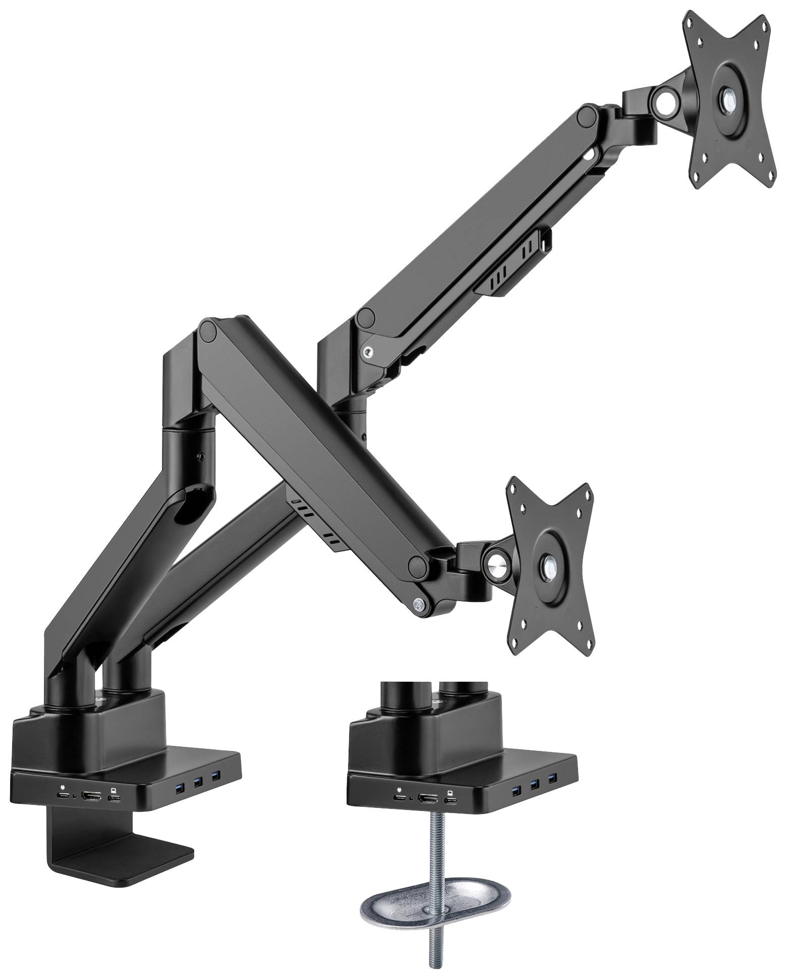 Doppelter Monitorarm aus Metall mit verstellbaren Gelenken und Schraubklemmen zur Befestigung an einem Tisch.