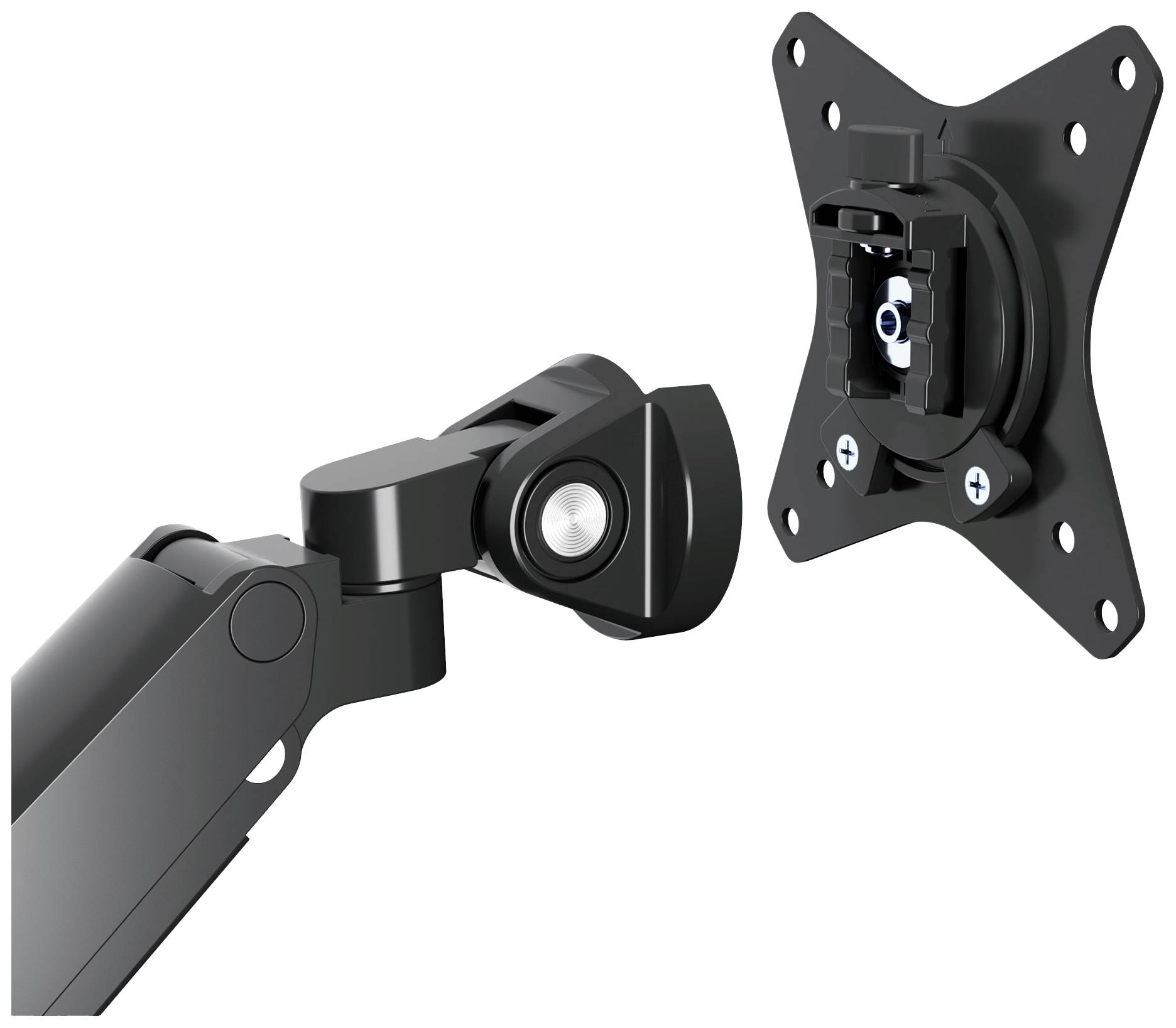 Ein schwarzer, verstellbarer Monitorarm mit einer VESA-Halterung, die zur Montage eines Bildschirms geeignet ist.