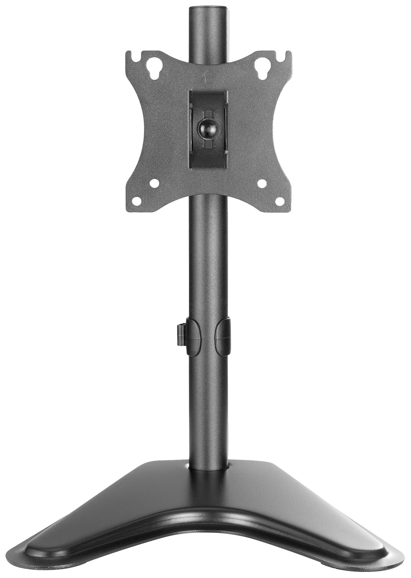 Ein schwarzer Monitorständer mit einer rechteckigen Basis und einer Vorrichtung zur Befestigung eines Bildschirms.