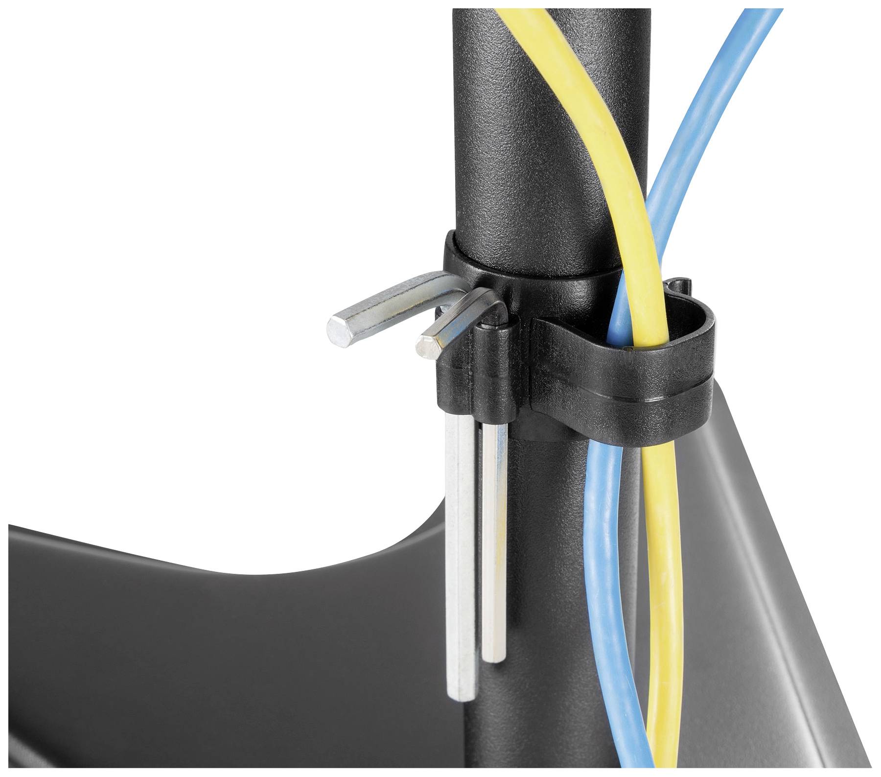Kabelklemme an einem schwarzen Stab befestigt, hält zwei Sechskantschlüssel und gelbe sowie blaue Kabel zusammen.