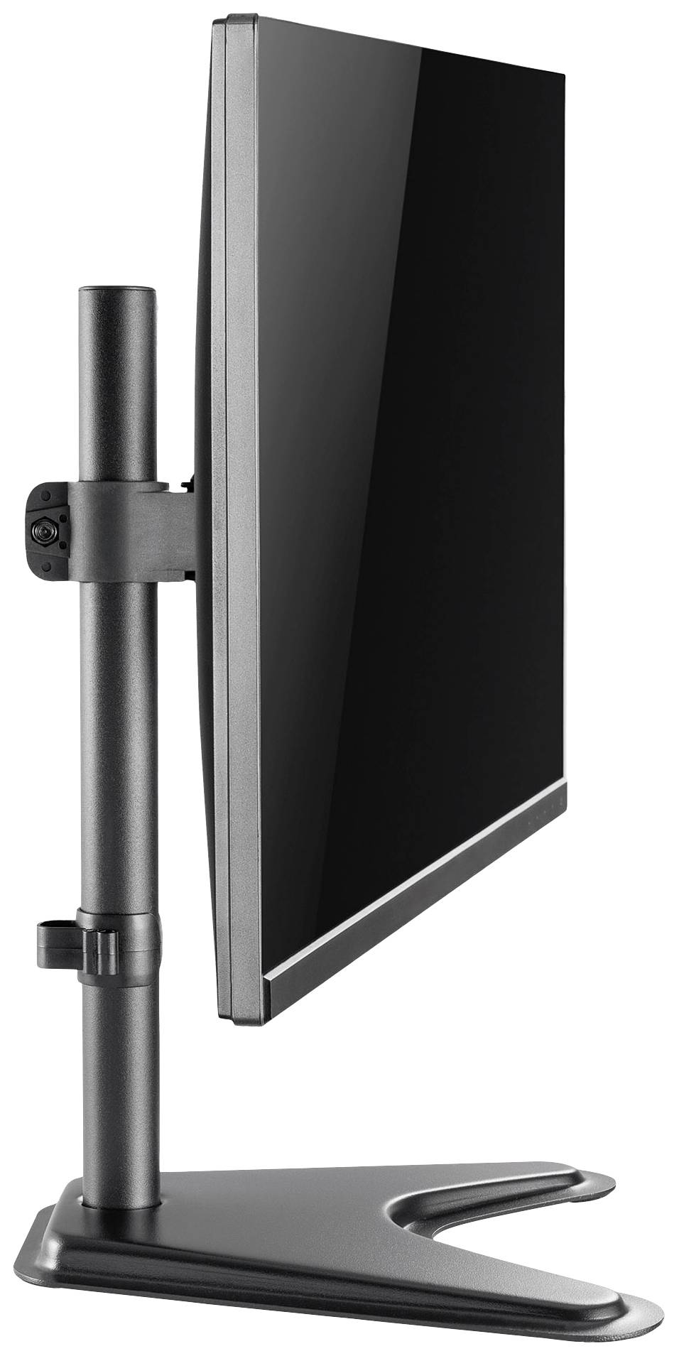 Flacher LCD-Monitor im Hochformat auf einem schwarzen Standfuß. Der Bildschirm ist seitlich ausgerichtet und zeigt keine Display-Inhalte.