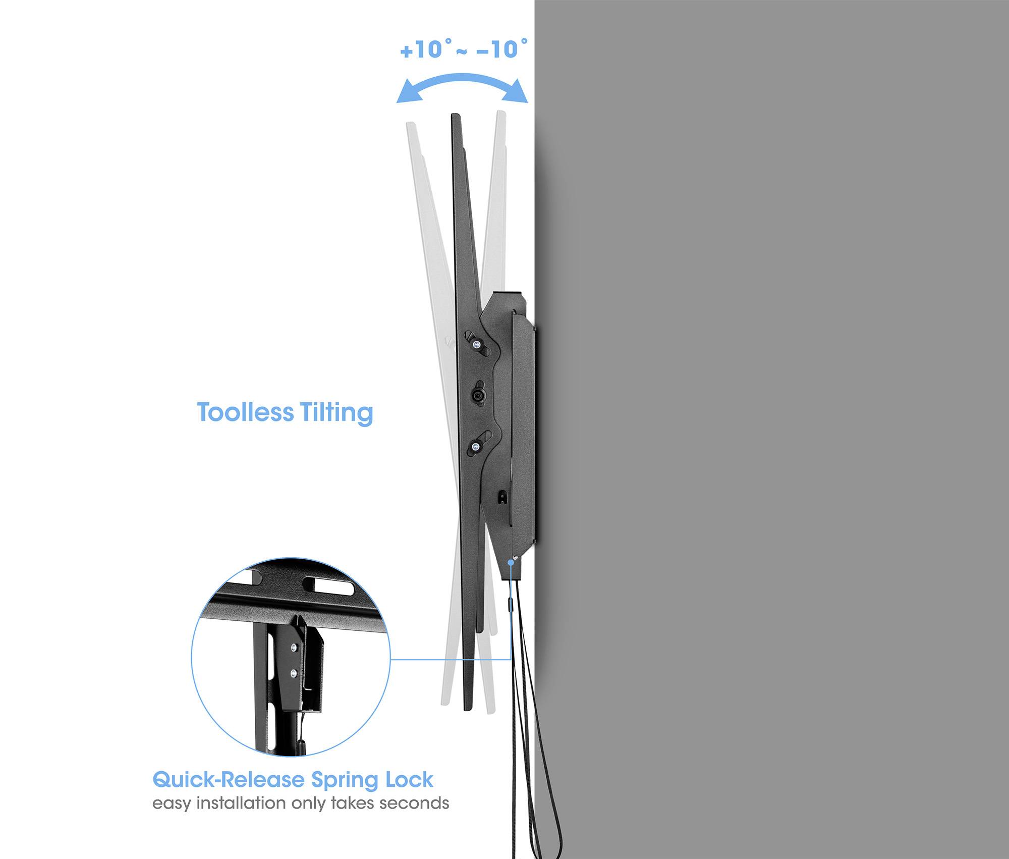 Seitenansicht einer verstellbaren TV-Halterung an der Wand, mit Neigungsoption von +10° bis -10° und Schnellverschluss-Federverriegelung.