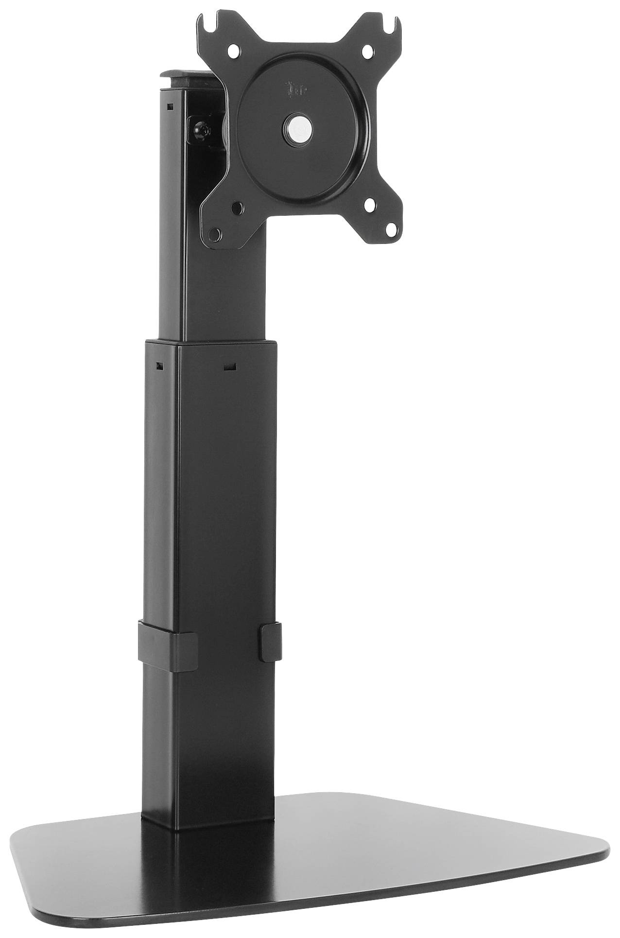 Schwarzer Monitorhalter aus Metall mit rechteckigem Fuß und VESA-Halterung, geeignet für Bildschirme verschiedener Größen.