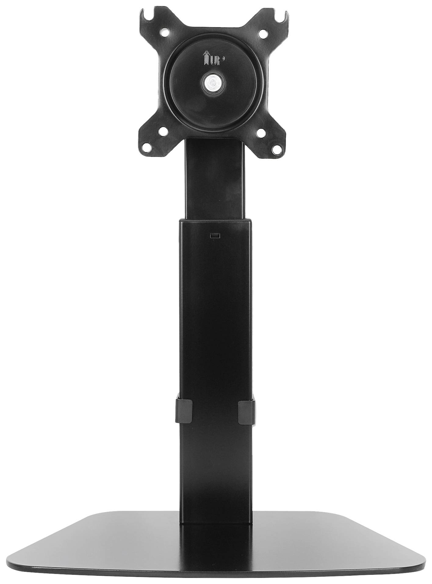 Ein schwarzer Monitorständer aus Metall mit rechteckiger Basis und verstellbarem Armsystem. Ideal für den Einsatz im Büro oder zu Hause.