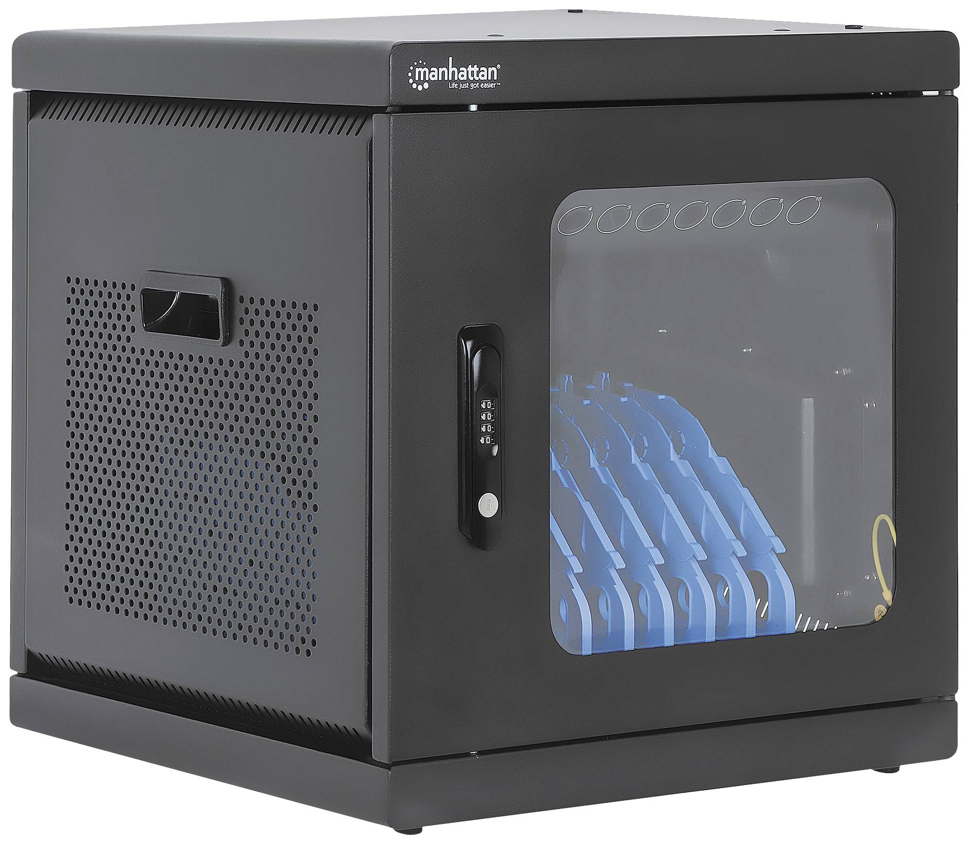 Ein schwarzer Lade- und Aufbewahrungsschrank für Tablets, mit transparentem Fenster und blauen Ladefächern innen.