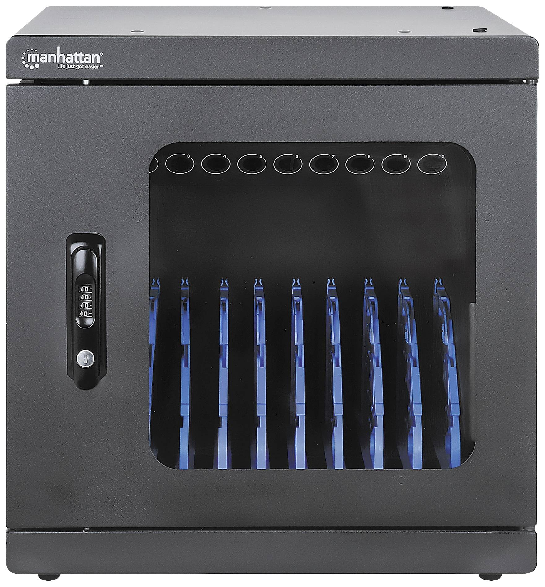 Ladeschrank für Tablets mit mehreren Einschüben, schwarzes Gehäuse, Sicherheitsverriegelung an der Seite, Markenlogo oben links.