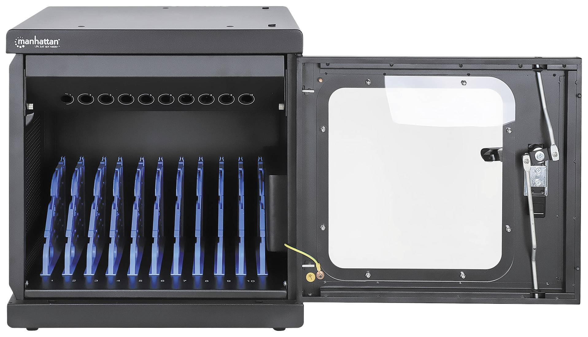 Ein offener Lade- und Aufbewahrungsschrank mit mehreren Schlitzen für Tablets oder Laptops. Links sind 16 vertikale Plätze sichtbar.