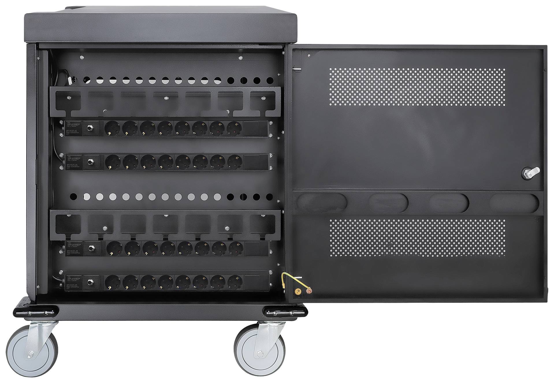 Schwarzer mobiler Ladeschrank mit offener Tür zeigt Innenfächer und Steckdosen zum Aufladen mehrerer elektronischer Geräte gleichzeitig.