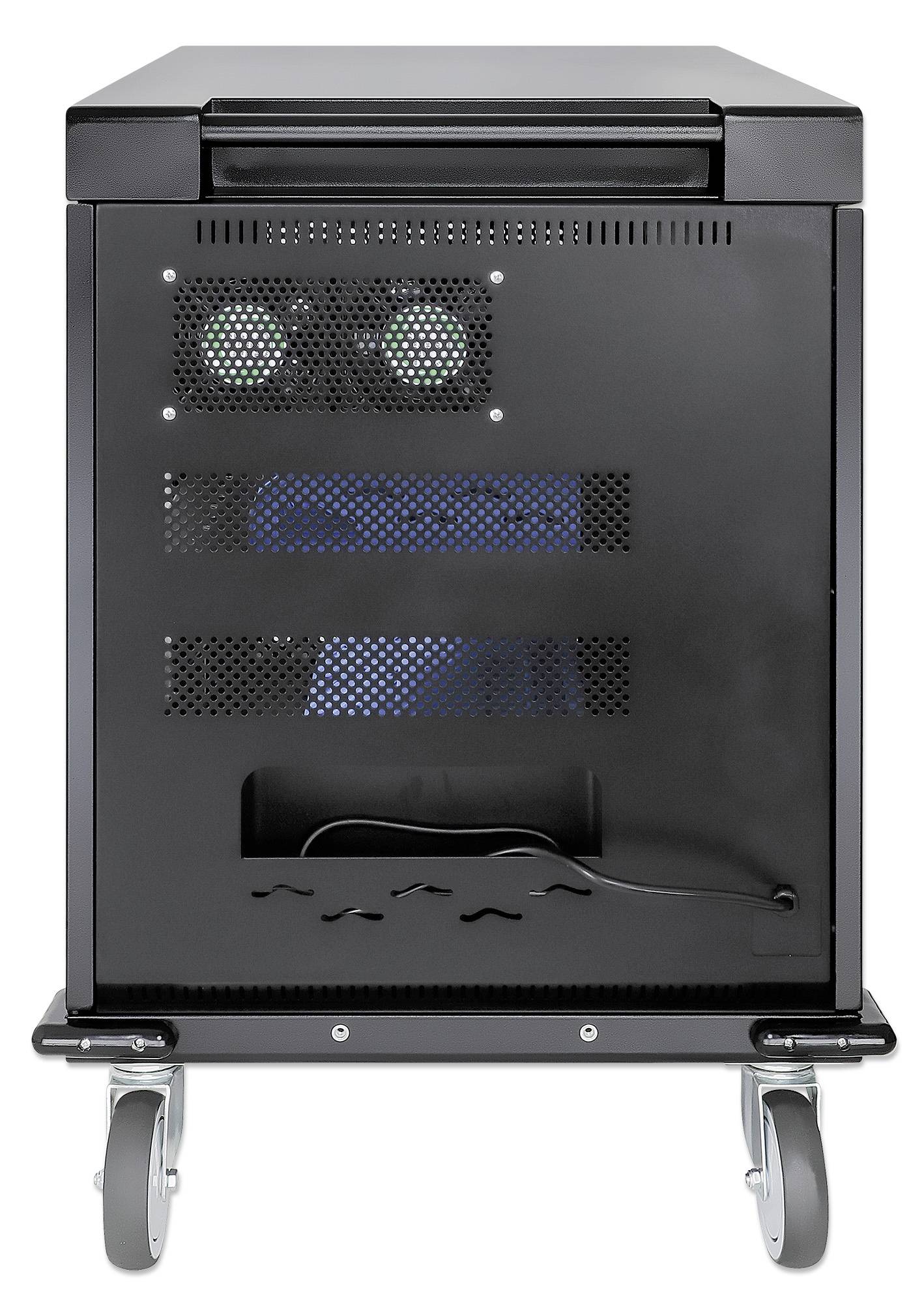 Schwarzer mobiler Server-Rack-Schrank auf Rollen mit perforierter Fronttür für Belüftung, geeignet zur Aufbewahrung von IT-Equipment.