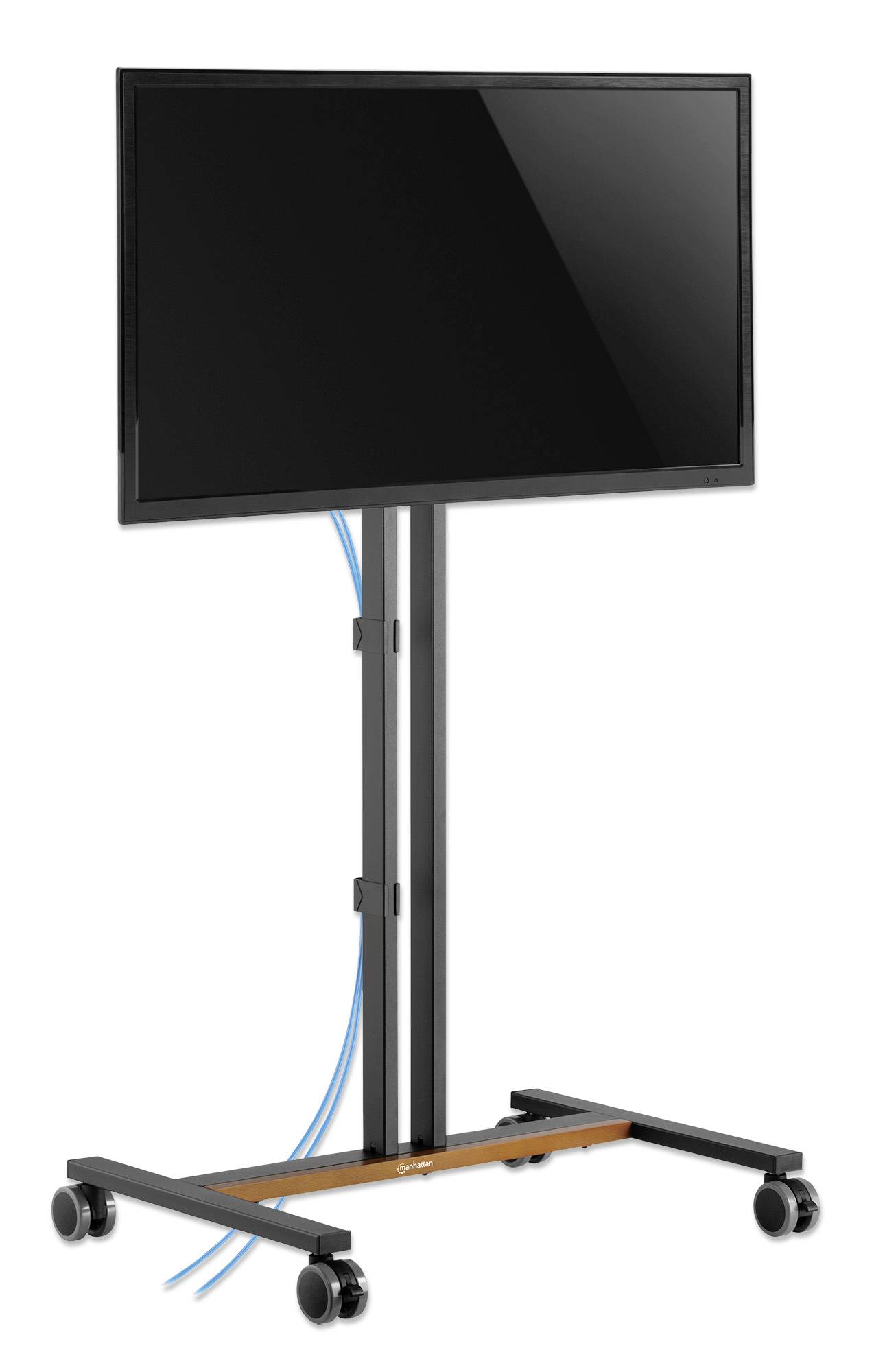 Ein Flachbildschirm auf einem mobilen Ständer mit Rollen, geeignet für Präsentationen oder Konferenzen, in einem modernen Büro.