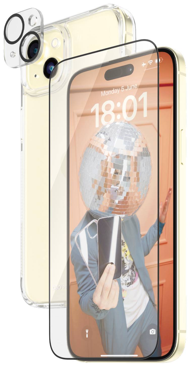 Ein Smartphone mit durchsichtigem Gehäuse und Schutzglas, zeigt eine Person mit einem Disco-Kugel-Kopf, die Selfie macht.