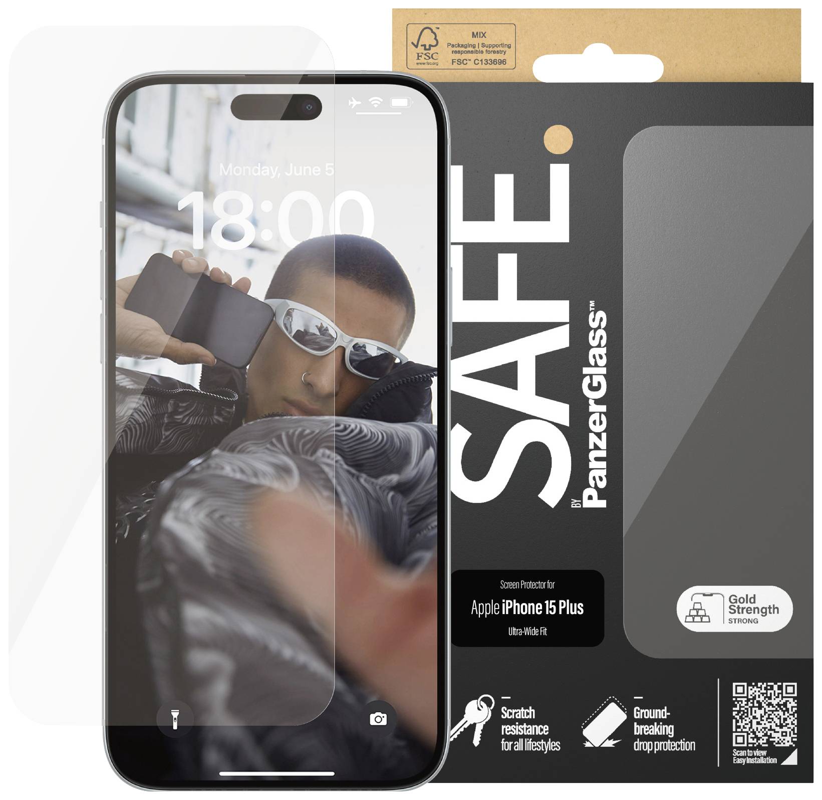 Schutzglas für Apple iPhone 15 Pro von PanzerGlass. Verpackung zeigt langlebigen Kratzschutz. Person fotografiert sich mit Handy.