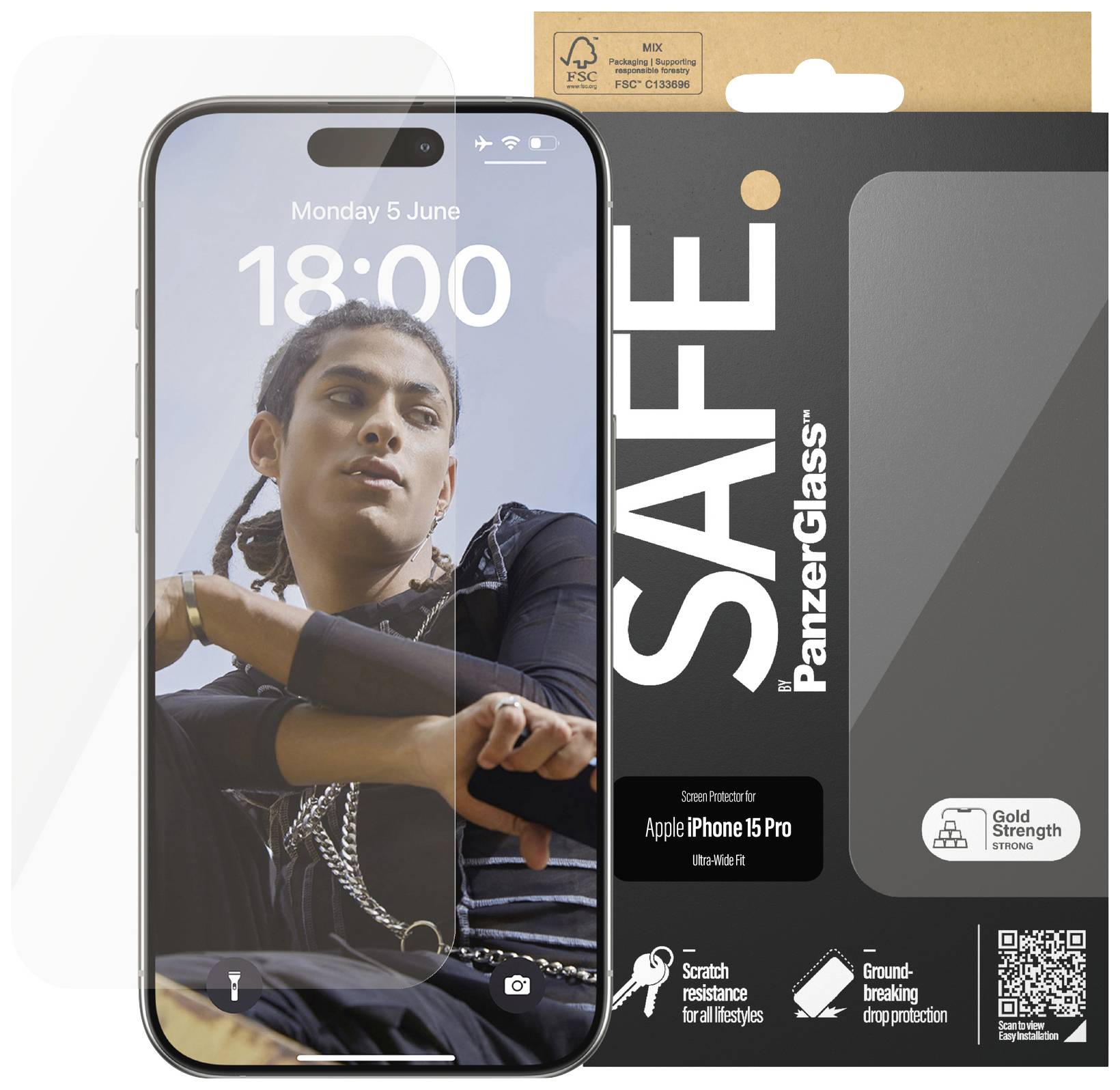 'Six-Pack' PanzerGlass Displayschutz mit Verpackung, kompatibel mit Apple iPhone 15 Pro, zeigt Uhrzeit und Datum auf Handybildschirm.