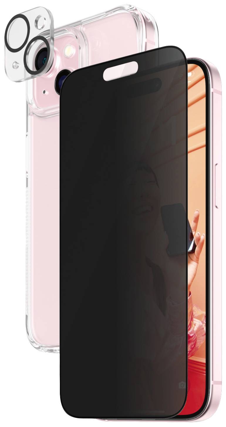 Transparente Handyhülle mit Linsenschutz und einem blickdichten Display-Schutz für ein rosa Smartphone.