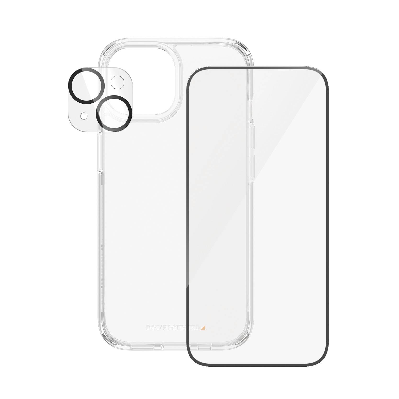 Ein transparentes Handycase und ein Displayschutz für ein Smartphone mit zwei austauschbaren Kameraabdeckungen.