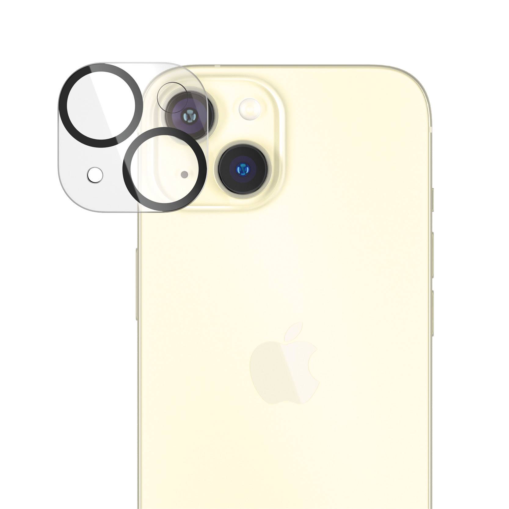 Ein gelbes Smartphone mit Doppelkameralinse auf der Rückseite und zusätzlicher Linsenschutz oben links im Bild.