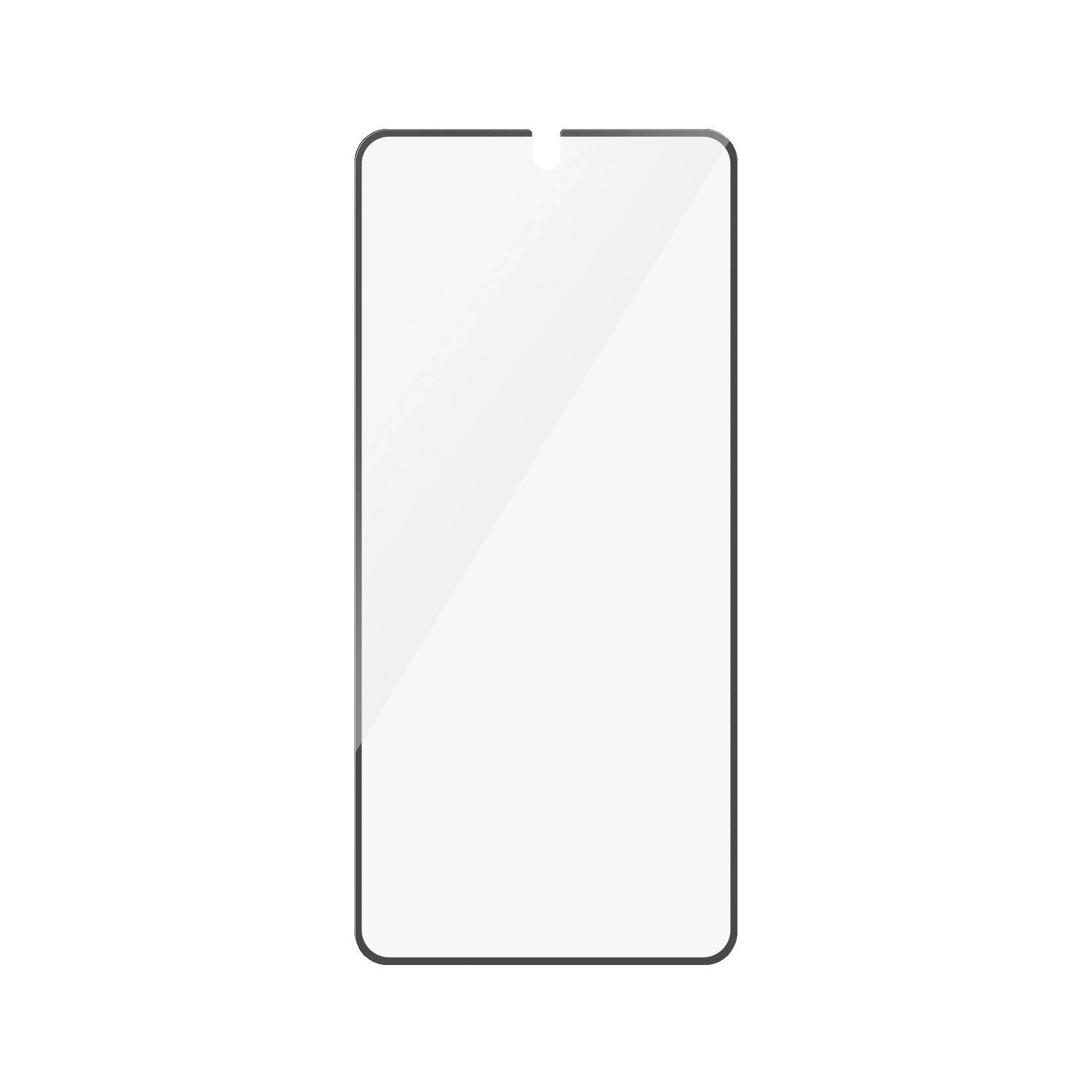 Klare Schutzfolie für Smartphone-Bildschirm, rechteckig, mit einem kleinen Halbkreis-Ausschnitt oben.