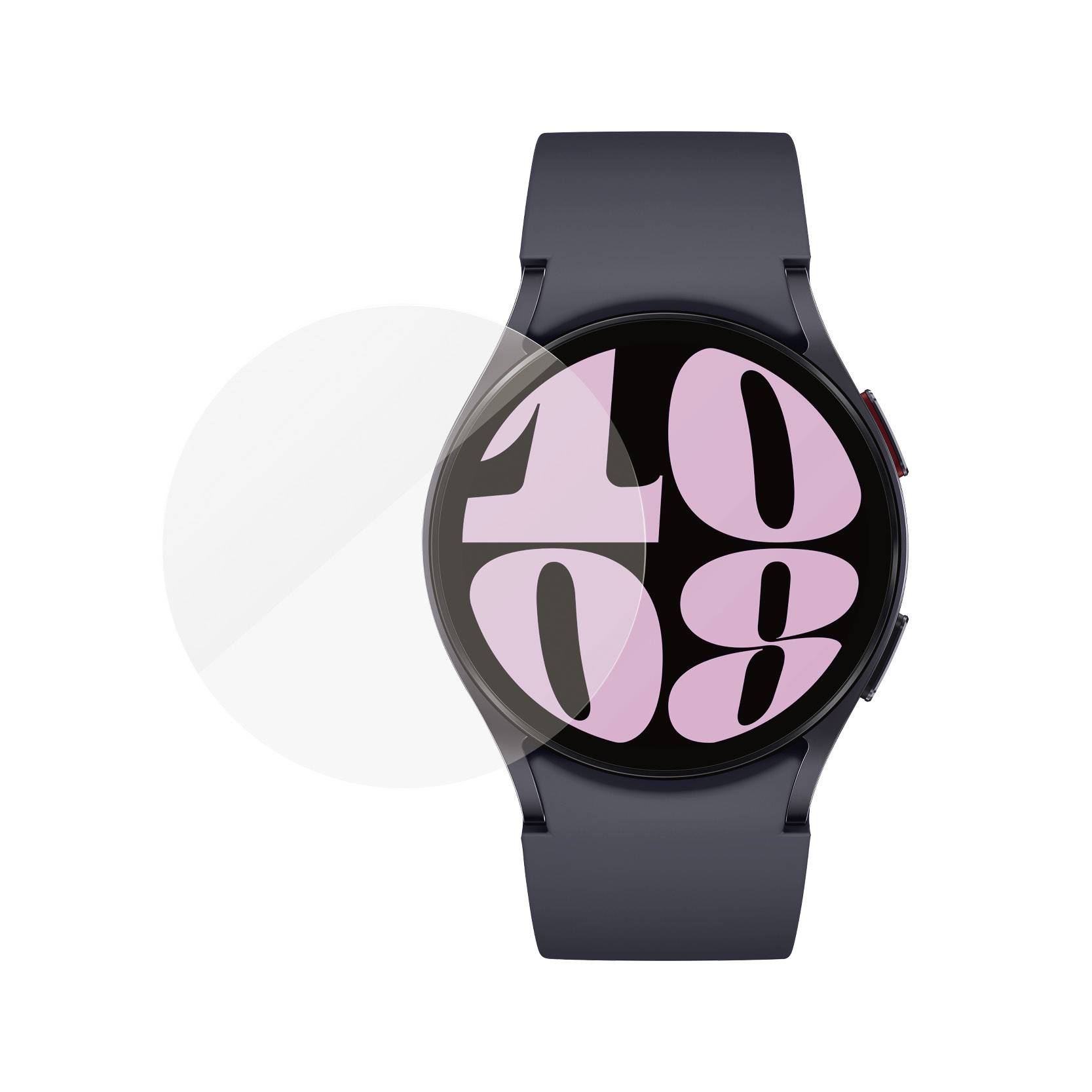 Eine Smartwatch mit schwarzem Armband und einem Display, das die Uhrzeit 