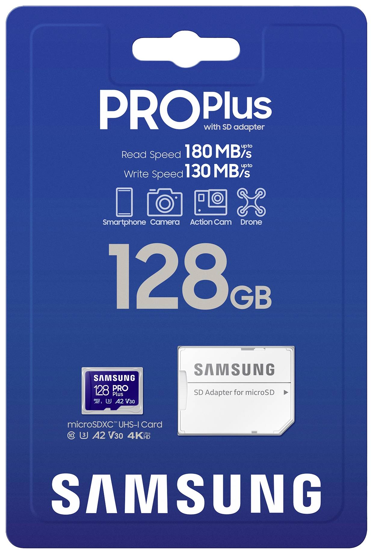 Samsung PRO Plus microSDXC-Karte 128 GB A2 Application Performance Class, v30 Video Speed Class, UH