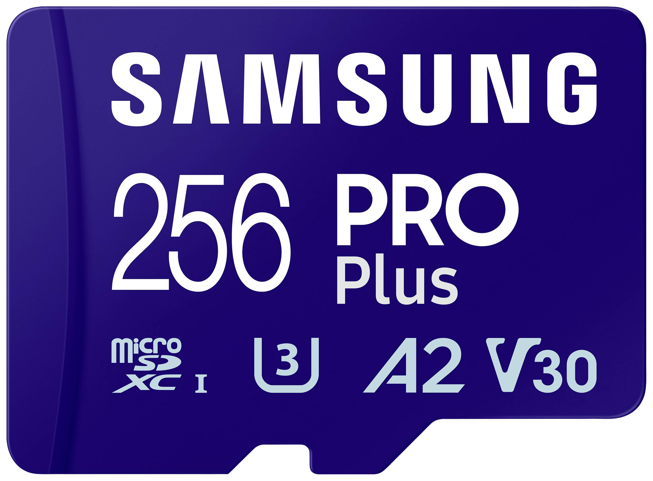 Samsung 256 PRO Plus microSD-Karte, UHS-I, A2, V30, geeignet für hochwertige Videoaufnahmen und schnelle Datenübertragung.