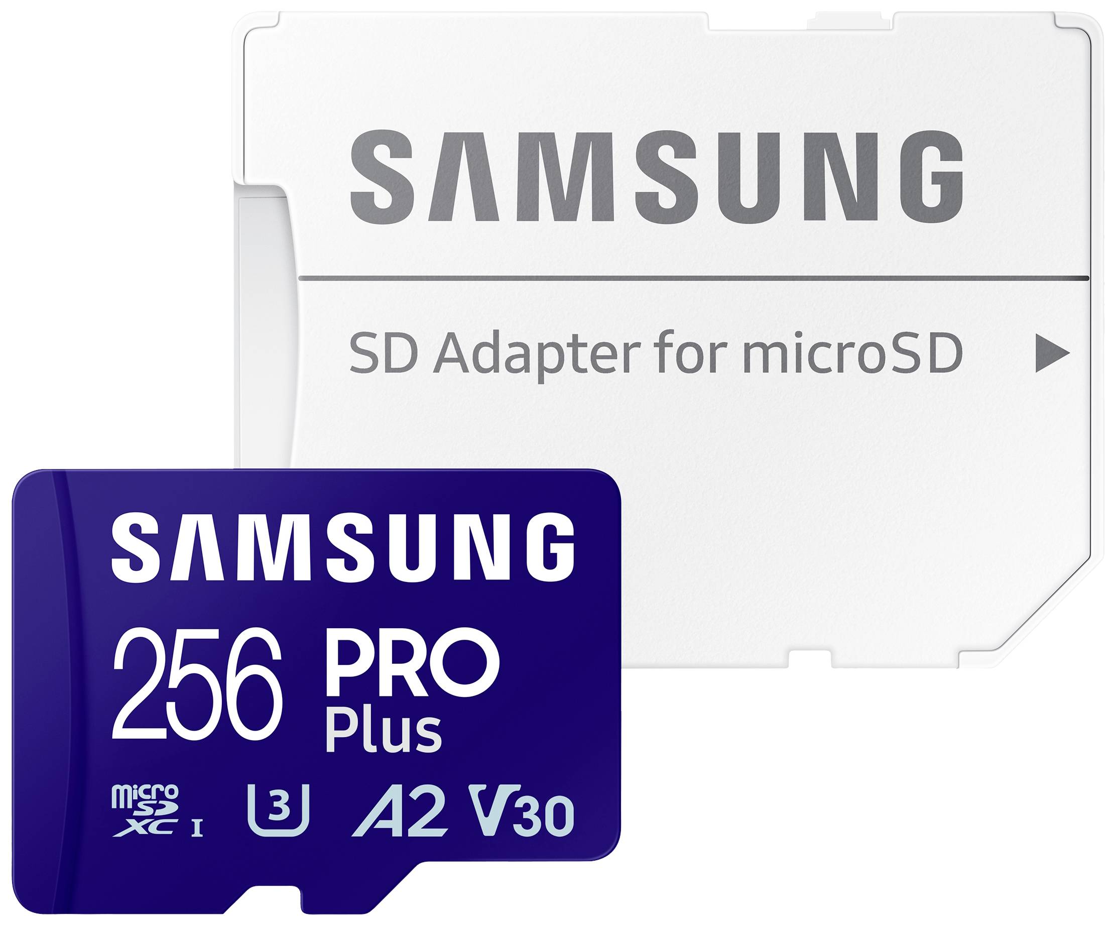Eine Samsung 256 GB PRO Plus microSD-Karte, blau, liegt vor einem weißen SD-Adapter für microSD mit Samsung-Logo.