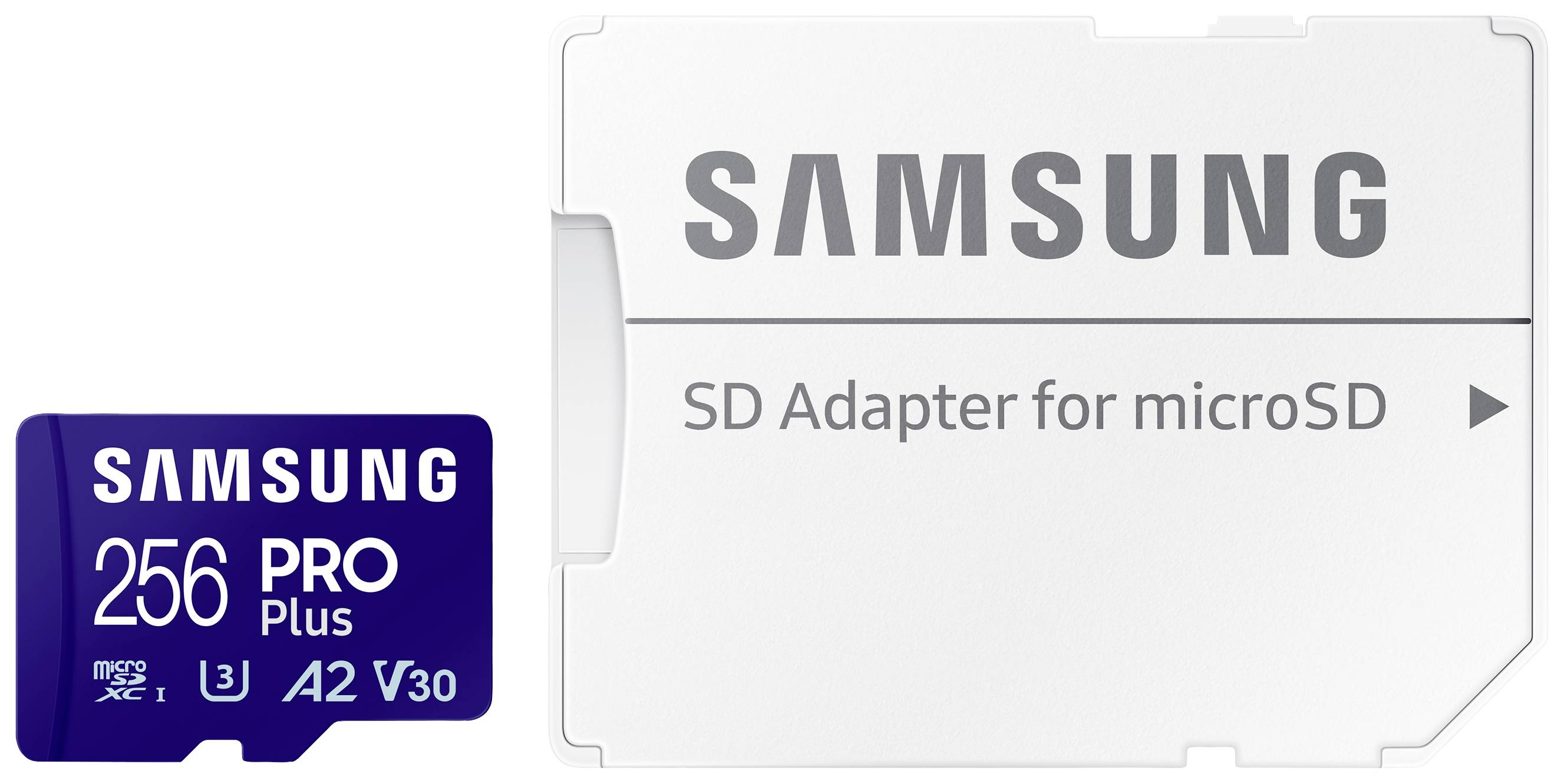 Eine Samsung microSD-Karte mit 256 GB Kapazität, rechts daneben ein weißer SD-Adapter für microSD von Samsung.