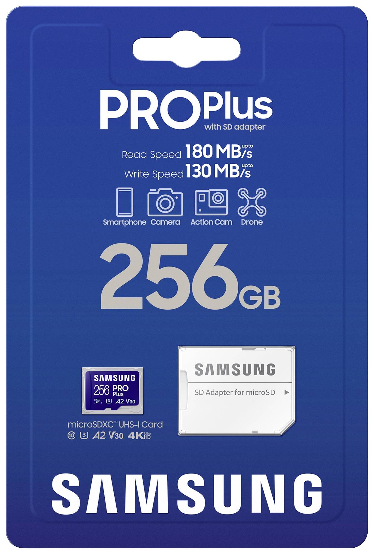 'PRO Plus' Speicherkarte von Samsung mit 256 GB. Lesegeschwindigkeit: 180 MB/s, Schreibgeschwindigkeit: 130 MB/s. Enthält SD-Adapter.